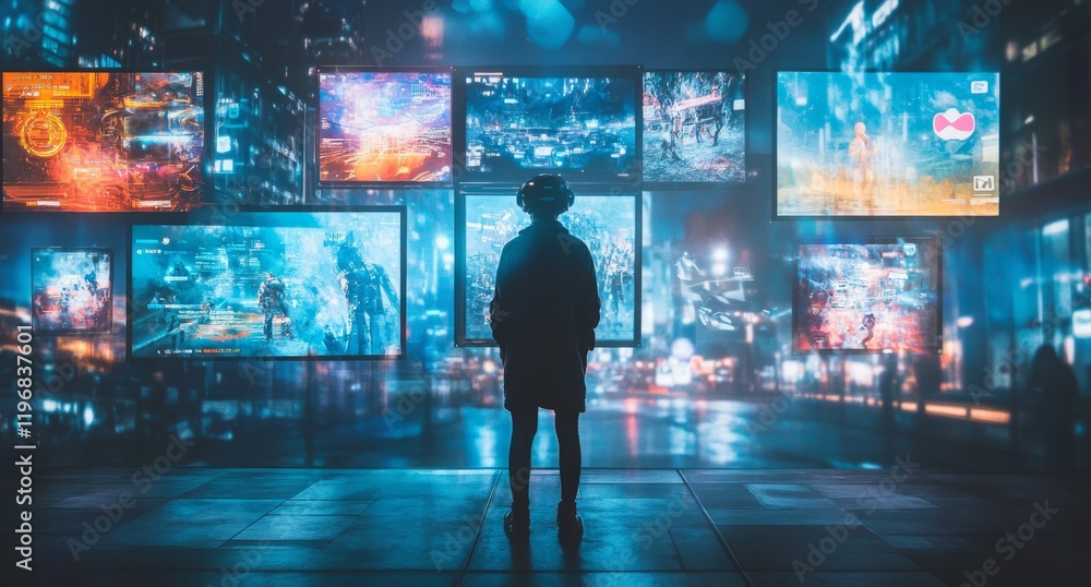 A person standing in front of multiple screens displaying various video game and social media icons. A person standing in front of multiple screens displaying various video game and social media icons.