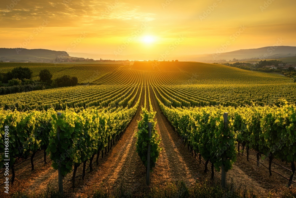 Fototapeta premium A stunning sunrise over a lush vineyard rows of grapevines bathed in golden light serene landscape outdoor scene nature's beauty