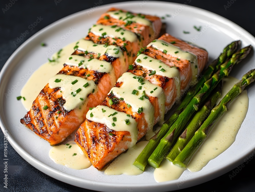 Grilled salmon fillets served with asparagus and creamy sauce on a white plate Grilled salmon fillets served with asparagus and creamy sauce on a white plate