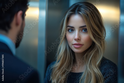 Wallpaper Mural In a modern elevator filled with the buzz of a busy workday, a strong businesswoman confidently converses with a colleague, exchanging ideas and insights Torontodigital.ca