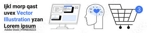 Computer displaying interface, human head with heart and brain icons, shopping cart with notification. Ideal for technology, AI, online shopping, e-commerce, UX design, cognitive science. Landing