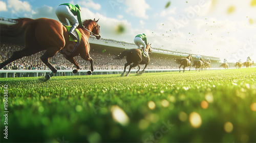 Spring Racing Carnival, horses galloping on the lush green track, background of spectator stands full of cheering people, Ai generated Images. photo