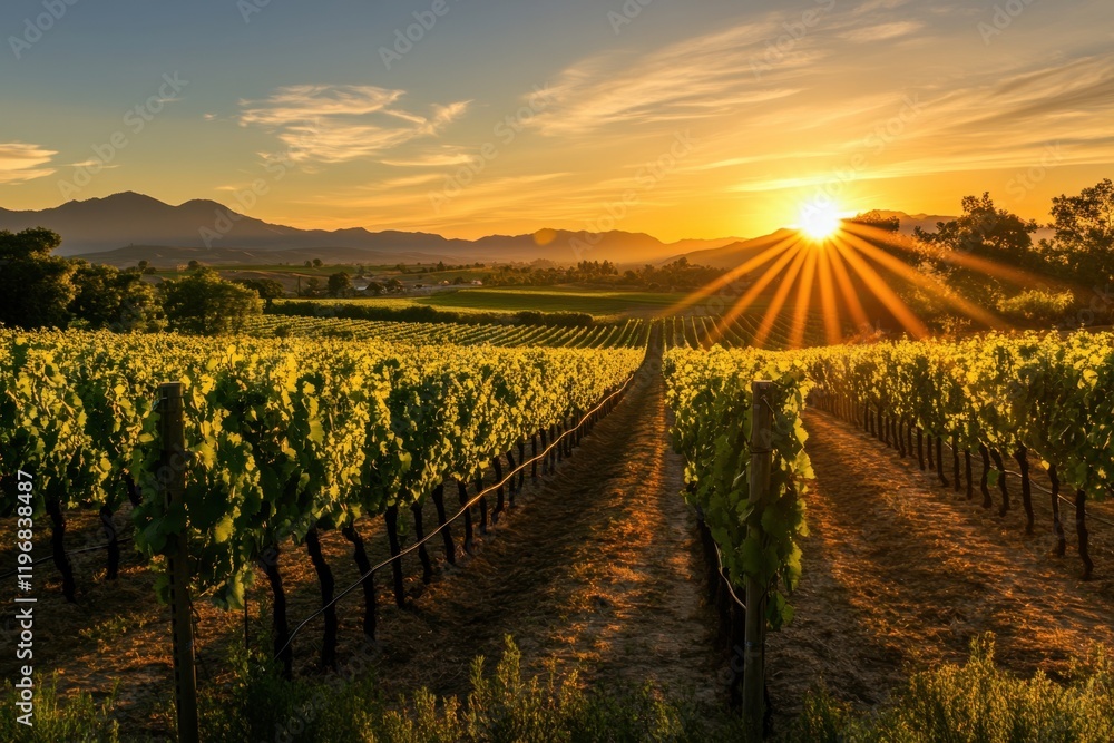 Naklejka premium Stunning vineyard sunset with long shadows cast by vines rolling hills and majestic mountains in the background serene landscape imagery for nature lovers