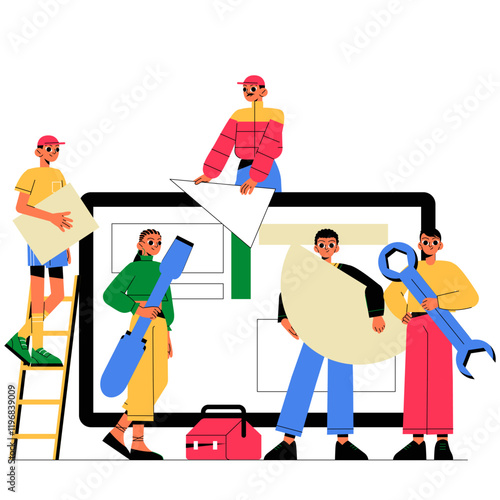 Construction Team Planning Project With Large Screen In Flat Vector Illustration Symbolizing Teamwork, Creativity, And Home Design, Isolated On White Background