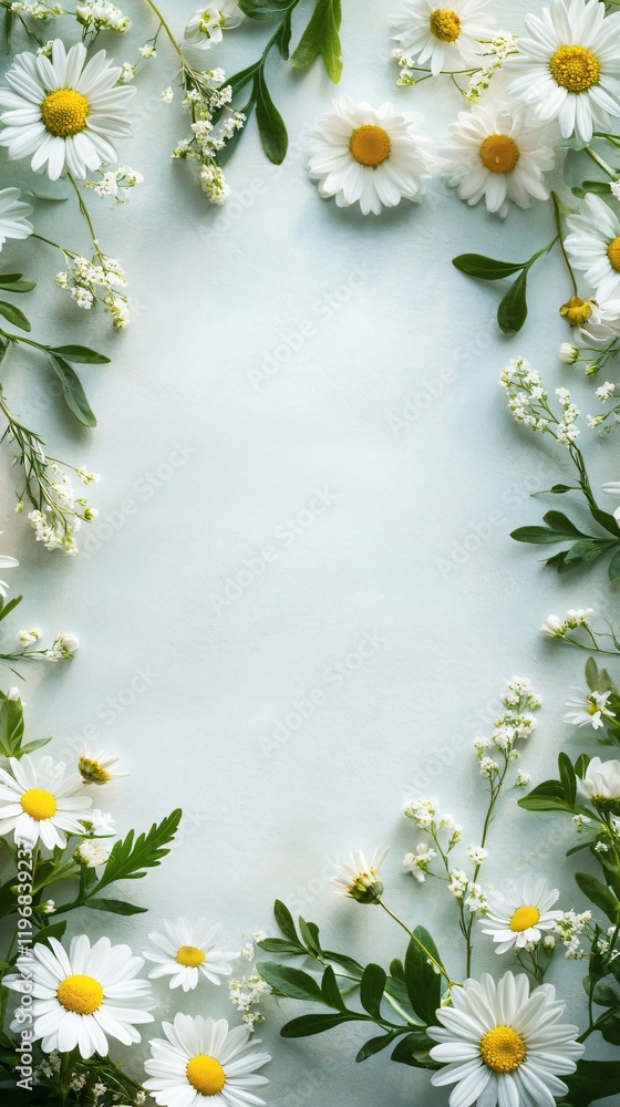 Fototapeta premium Flat lay top view of a natural festive spring frame background with daisy flowers. Floral border with spring celebration vibes. Copy space. Generative AI. 