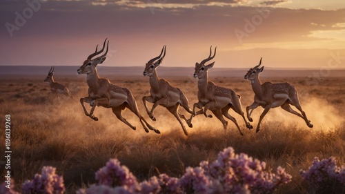 A herd of antelopes running across a picturesque landscape at sunset.