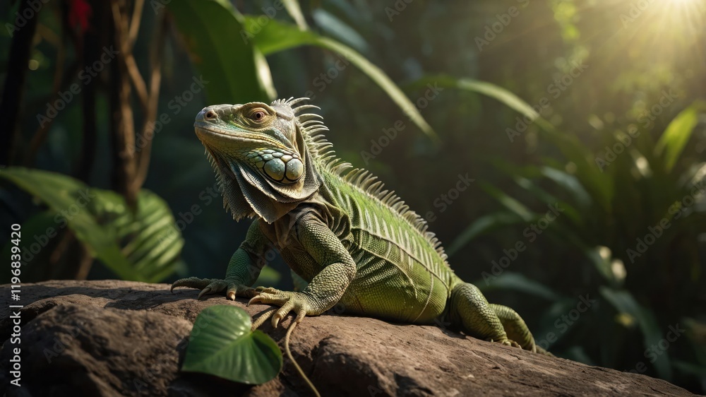 Fototapeta premium A green iguana perched on a rock amidst lush vegetation in a vibrant jungle setting.