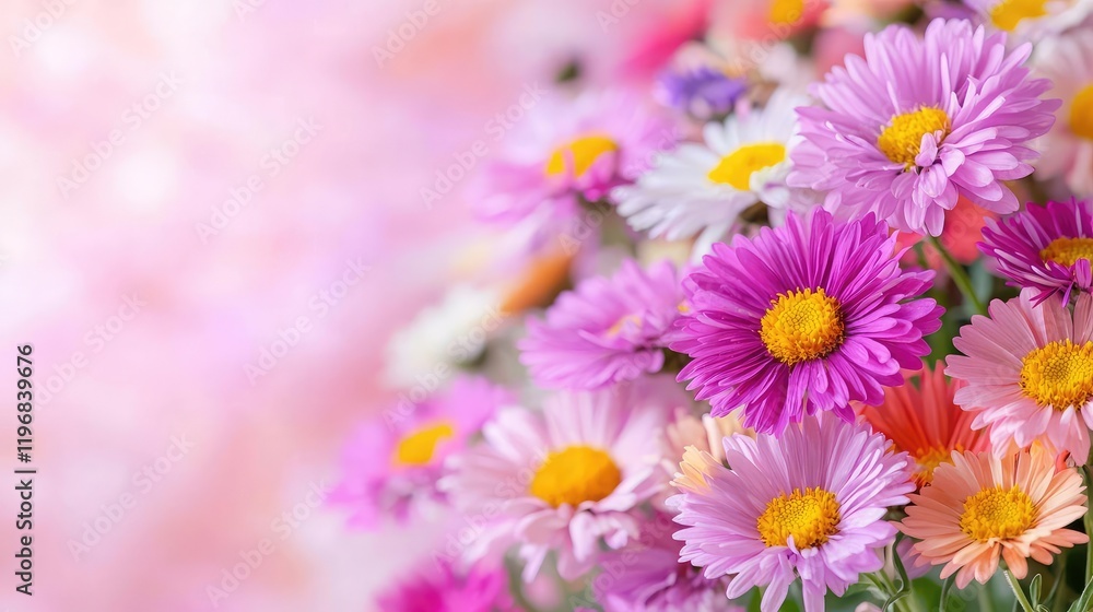 Colorful aster flowers bouquet, close-up view, soft background, ideal for greeting cards Colorful aster flowers bouquet, close-up view, soft background, ideal for greeting cards