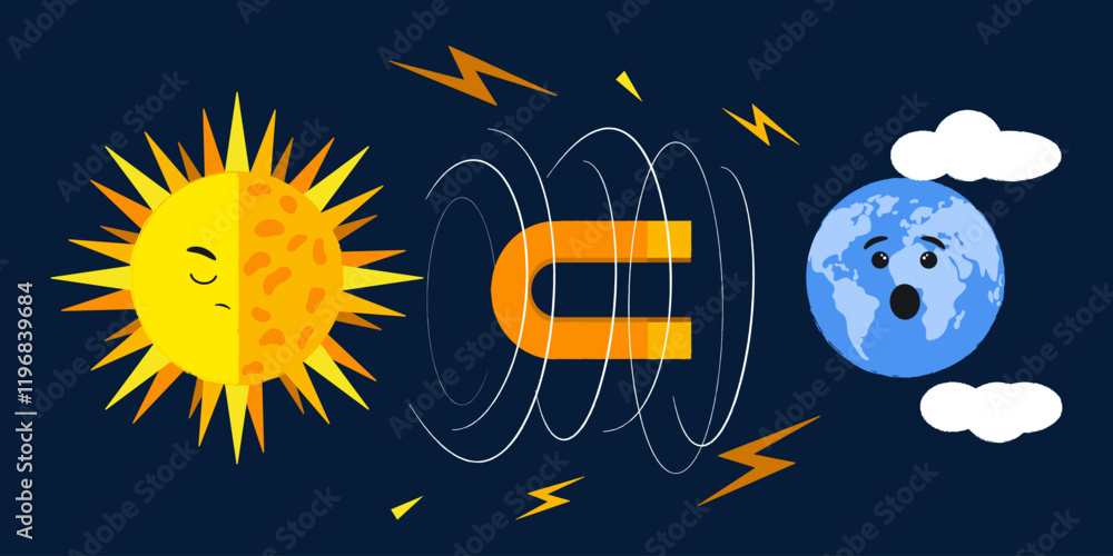 Fototapeta premium Magnetic storm. Sun and Earth characters, magnetic waves on blue background. Infographics for education, banner, poster.