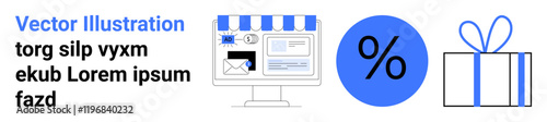 Computer screen with store awning, email icon, discount symbol in blue circle, and gift box. Ideal for e-commerce, marketing, online promotions, advertising, sales events holiday shopping customer