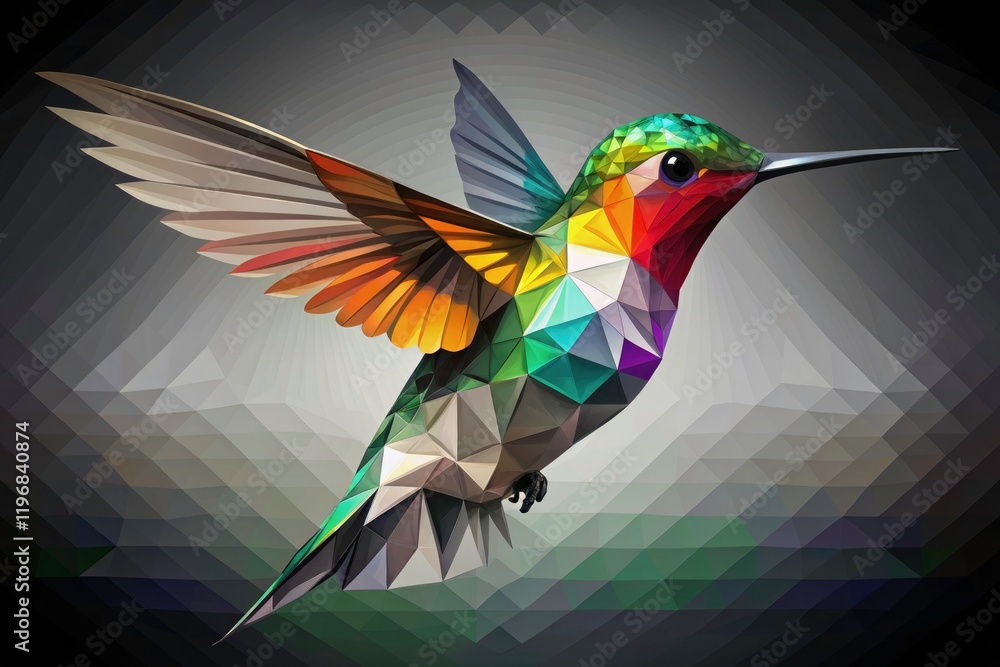 Fototapeta premium High-depth-of-field photo reveals a geometric, black and white hummingbird, a polygonal avian masterpiece.