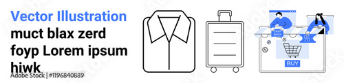 Shirt icon, suitcase icon, and two people using laptop featuring shopping cart page. Ideal for e-commerce, travel shopping, online retail, fashion, digital marketplace, consumer behavior landing