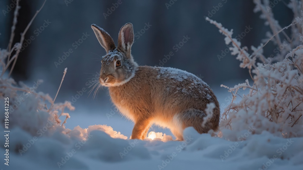 A serene rabbit in a snowy landscape, illuminated softly by light. A serene rabbit in a snowy landscape, illuminated softly by light.