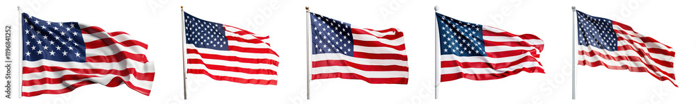 Fototapeta premium PNG Waving American flags in sequence, isolated element set, transparent background