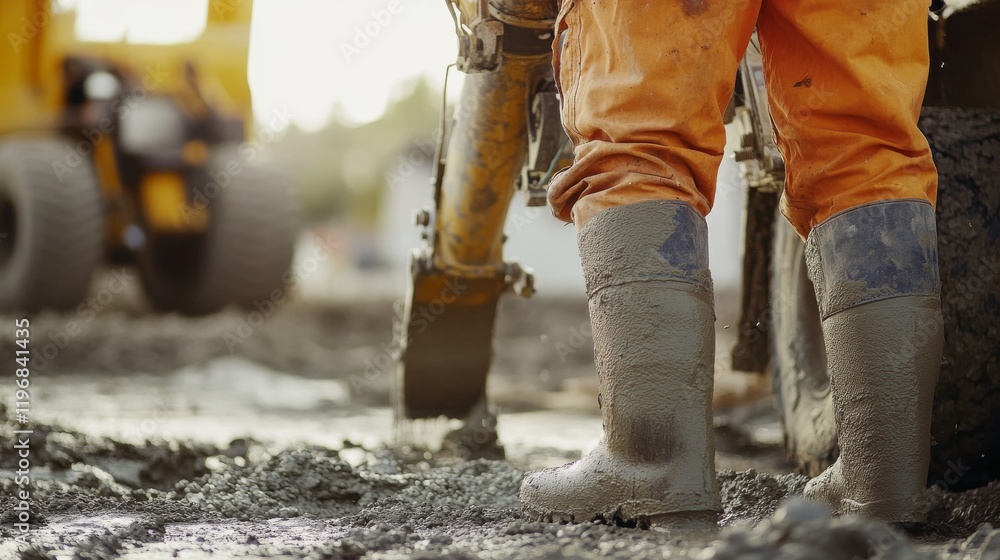 A close-up of a construction worker operating a concrete pump truck to pour foundation at a building site, Concrete pouring scene, Machinery operation style A close-up of a construction worker operating a concrete pump truck to pour foundation at a building site, Concrete pouring scene, Machinery operation style
