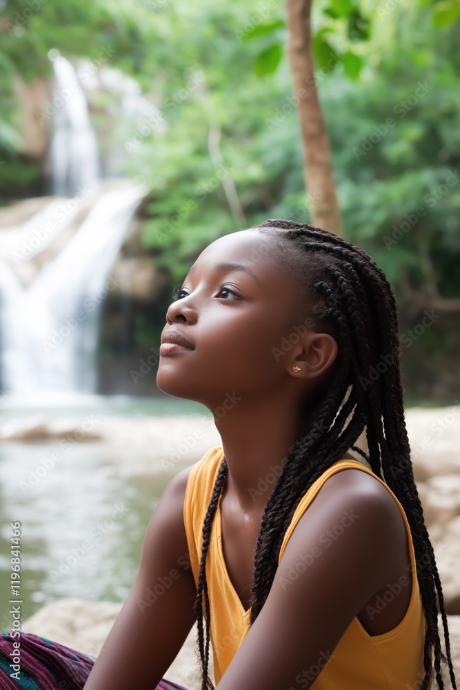 A young woman with long braided hair is sitting by a waterfall. She is looking at the water and seems to be in a contemplative mood A young woman with long braided hair is sitting by a waterfall. She is looking at the water and seems to be in a contemplative mood