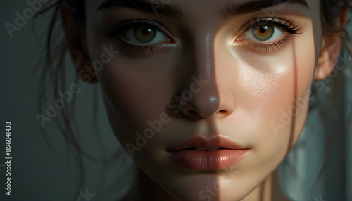 Captivating young woman with mesmerizing green eyes, displaying a subtle yet intriguing expression that radiates confidence and allure under soft, diffused lighting photo