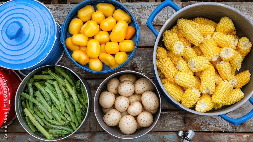 Freshly Harvested Corn Potatoes Peppers and Beans Rustic Farm Setting Freshly Harvested Corn Potatoes Peppers and Beans Rustic Farm Setting