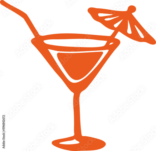 A hand drawn illustration of a cocktail glass with umbrella and straw
