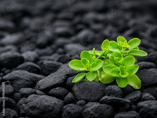 Wallpaper Mural Fresh green plant growing on black volcanic stones, symbolizing resilience and life Torontodigital.ca