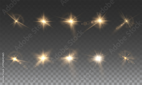 Light yellow star.Light sunny sparkle. White light flash gold. Vector illustrator. lighting effects. Beam a spotlight and a star with bokeh and dust. Glowing abstract isolated lenses with light effect