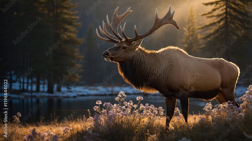 A majestic elk stands in a sunlit meadow, surrounded by flowers and a tranquil lake. A majestic elk stands in a sunlit meadow, surrounded by flowers and a tranquil lake.