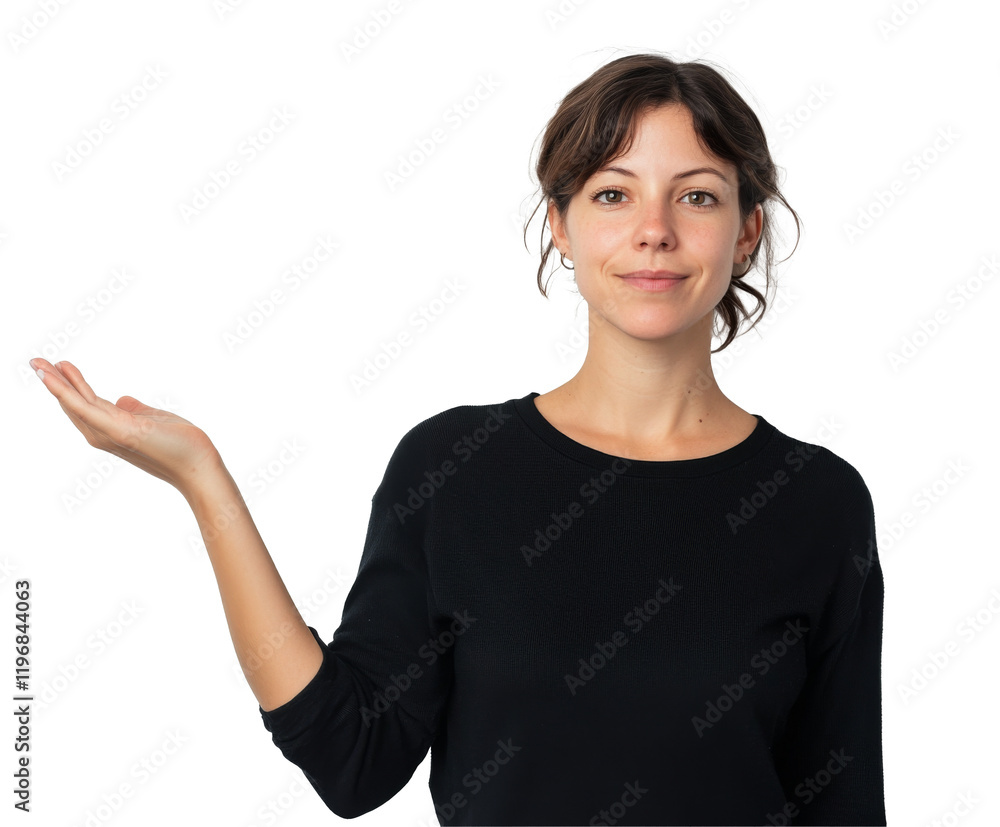 Presenting Woman in Casual Style - A Friendly and Confident Portrait , isolated on white background PNG Presenting Woman in Casual Style - A Friendly and Confident Portrait , isolated on white background PNG