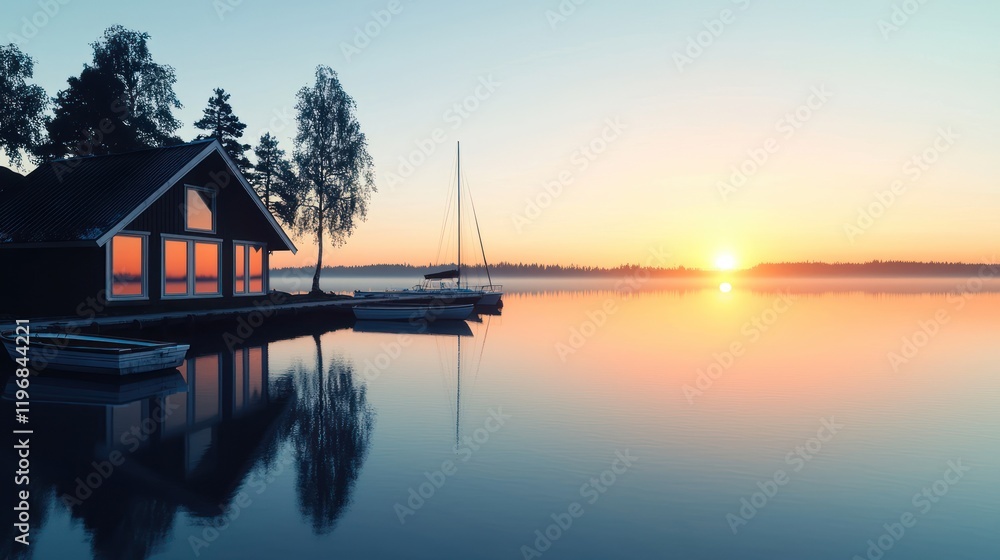 Serene lakeside sunrise with boats and a tranquil cabin. Serene lakeside sunrise with boats and a tranquil cabin.