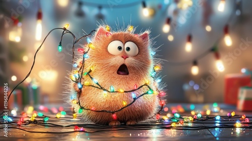 Cartoon cat wrapped in christmas lights cozy indoor setting holiday digital art festive environment whimsical viewpoint playful concept