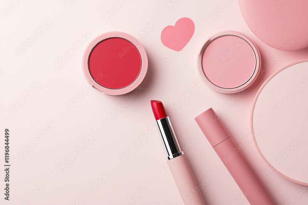 Soft Pink Makeup Arrangement with Lipstick and Blush on a Light Background for Beauty and Cosmetics Themes Soft Pink Makeup Arrangement with Lipstick and Blush on a Light Background for Beauty and Cosmetics Themes