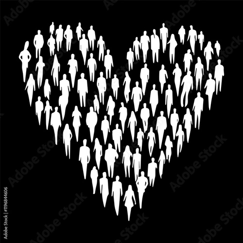 Donations and volunteering concept. Heart made by people mob on white background, vector illustration in flat style
