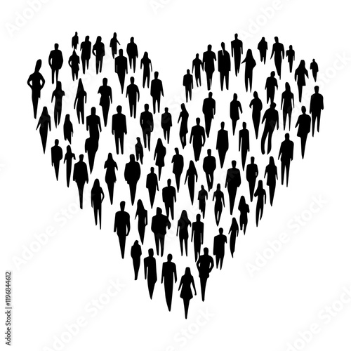 Donations and volunteering concept. Heart made by people mob on white background, vector illustration in flat style