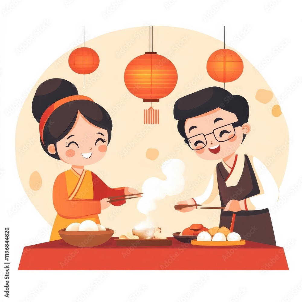 Joyful Asian Couple Enjoying Traditional Cuisine with Food and Steam in a Warm Decor Setting Joyful Asian Couple Enjoying Traditional Cuisine with Food and Steam in a Warm Decor Setting