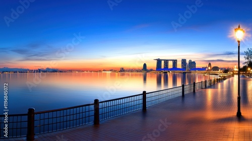 Cityscape Sunset Over Calm Lake