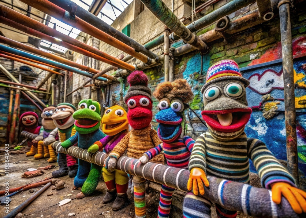 Fototapeta premium Whimsical sock puppet street photographers capture urban art's quirky charm.