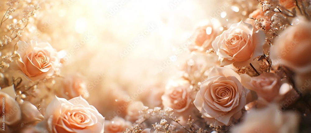 Front view of a luxurious spring frame background with roses and petals. Pastel pink tone. Floral border with spring wedding celebration vibes. Copy space. Generative AI. Front view of a luxurious spring frame background with roses and petals. Pastel pink tone. Floral border with spring wedding celebration vibes. Copy space. Generative AI.