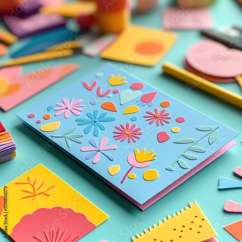 Colorful Craft Project with Vibrant Paper Cutouts and Handmade Designs on Bright Background photo