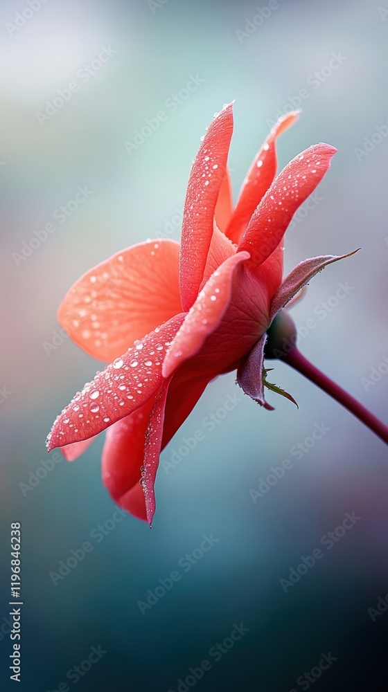 Beautiful close-up of a dewy red rose petal with soft pastel background illuminating the intricate details Beautiful close-up of a dewy red rose petal with soft pastel background illuminating the intricate details