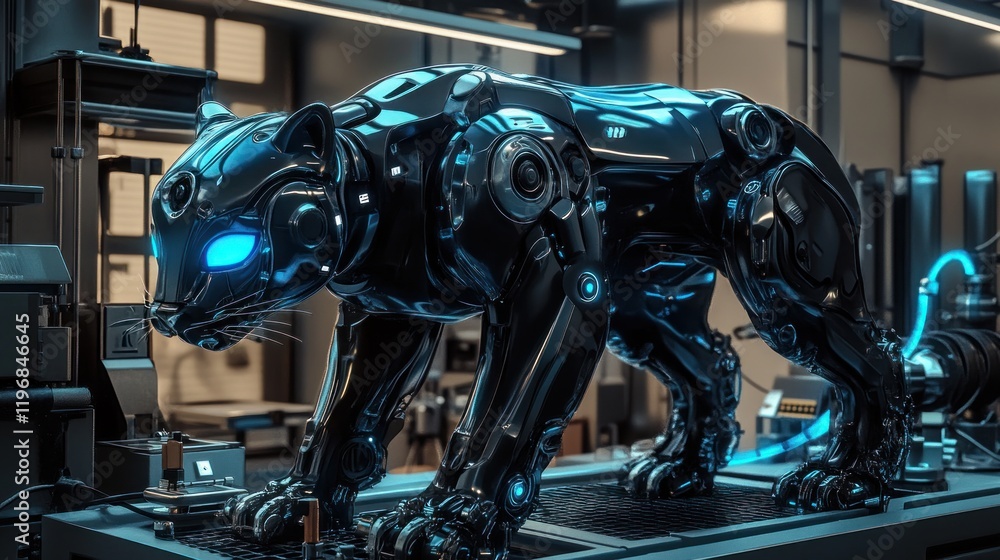 Fototapeta premium Cybernetic Panther: A Technological Marvel in a Futuristic Laboratory