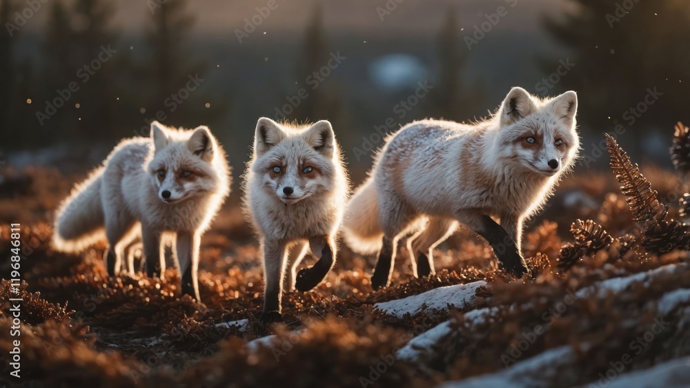 Three foxes walking through a sunlit, natural landscape with a warm glow. Three foxes walking through a sunlit, natural landscape with a warm glow.