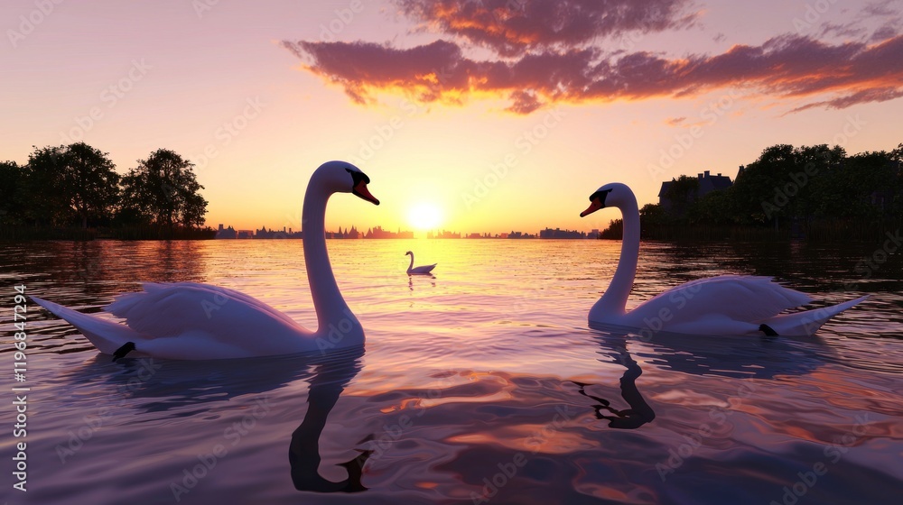 Fototapeta premium Two swans gracefully glide on a tranquil lake at sunset.