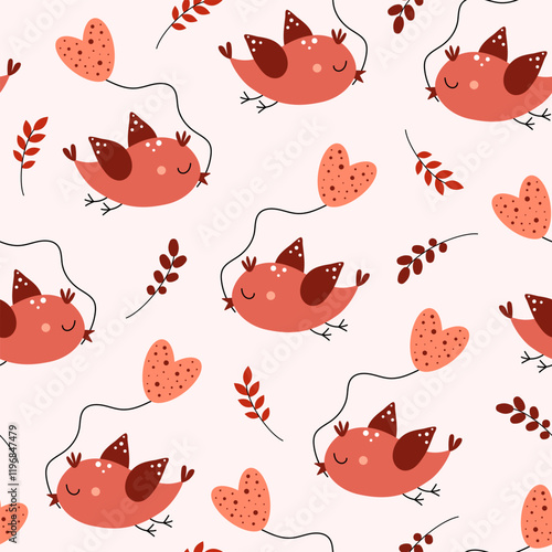 Seamless pattern of cute birds with a heart shaped balloon. Valentine's Day. Love, romance, relationships. Vector illustration