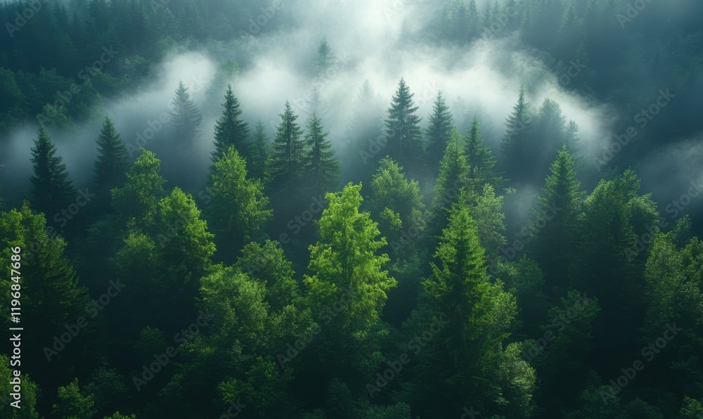 Fog blankets lush forest at dawn creating a serene atmosphere Fog blankets lush forest at dawn creating a serene atmosphere