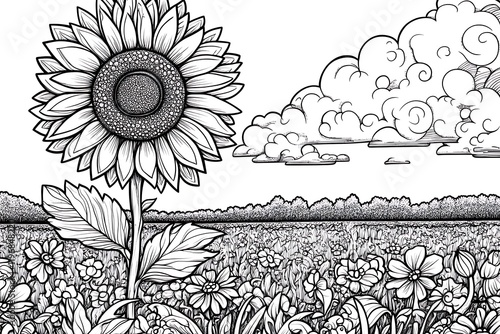 Intricate Line Art Sunflower in Detailed Wildflower Field under Stylized Clouds