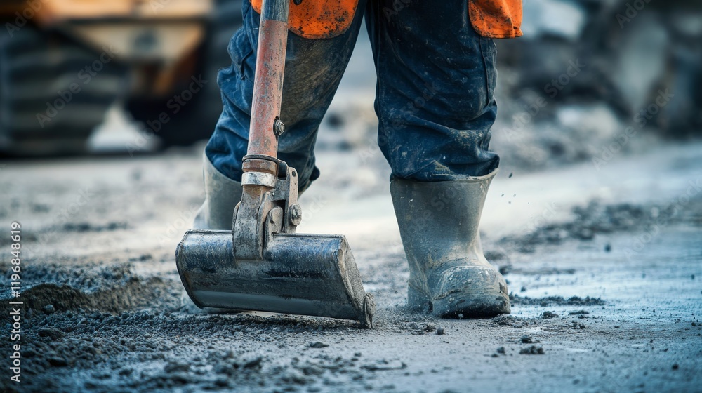 A close-up of a construction worker using a jackhammer to break apart concrete pavement for road repair, Road repair scene, Industrial renovation style A close-up of a construction worker using a jackhammer to break apart concrete pavement for road repair, Road repair scene, Industrial renovation style