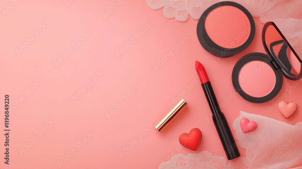 Vibrant Makeup Essentials on Soft Pink Background with Lipstick, Blush, and Cute Heart Accents Vibrant Makeup Essentials on Soft Pink Background with Lipstick, Blush, and Cute Heart Accents