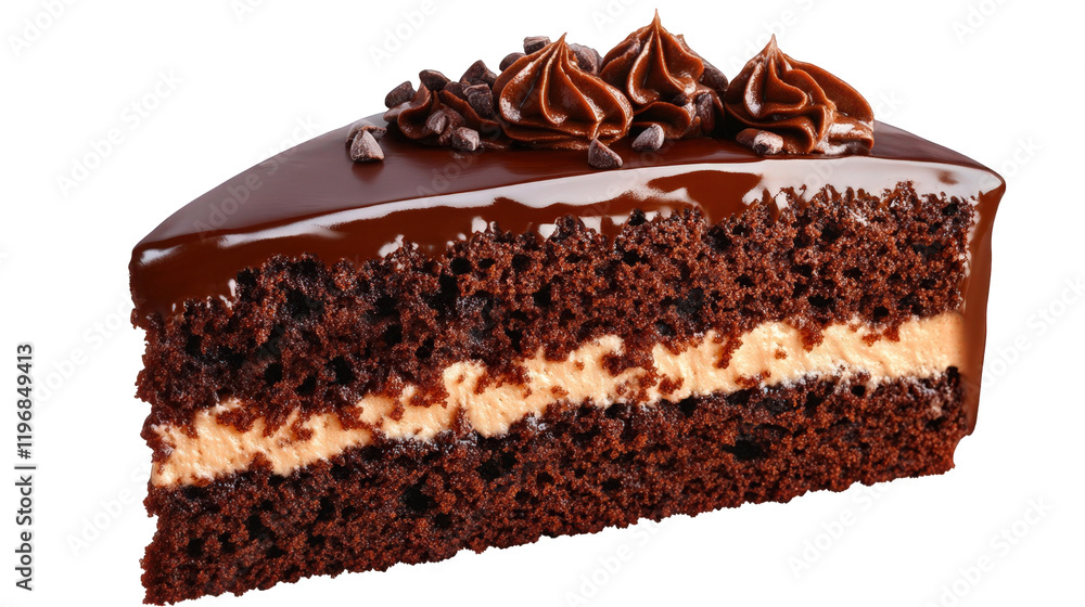 Delicious chocolate cake slice with creamy filling and frosting on top Delicious chocolate cake slice with creamy filling and frosting on top