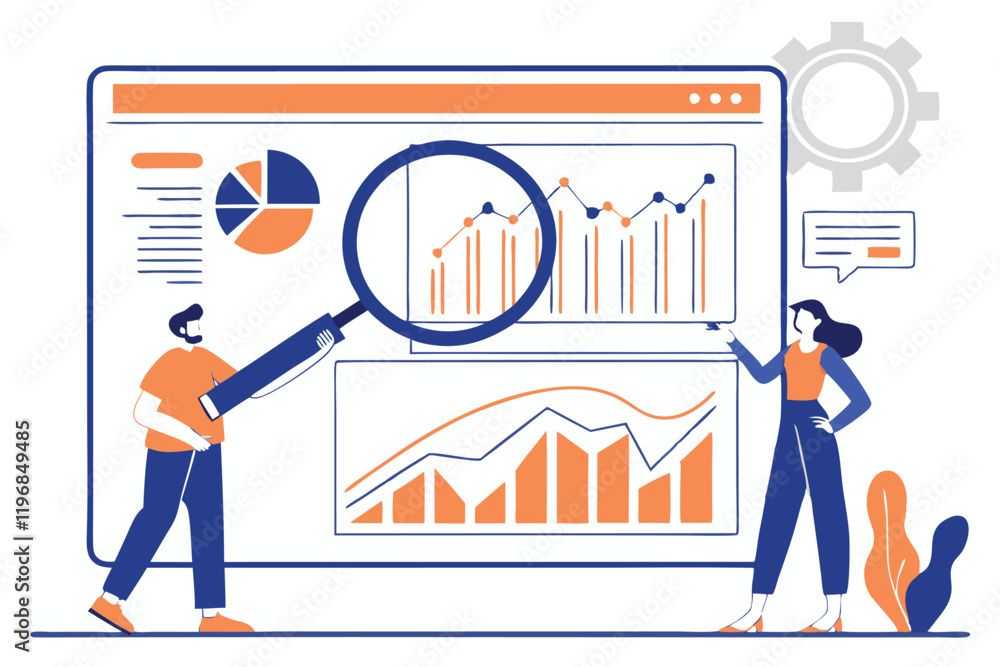 Fototapeta premium data visualization, business analytics, magnifying glass, bar charts, line graphs, infographics, digital dashboard, data-driven decision making, financial statistics, business intelligence, blue and o