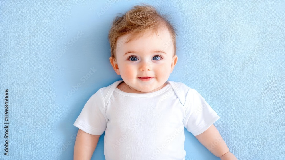 Fototapeta premium Happy baby on blue blanket, studio shot, infant portrait, parenting