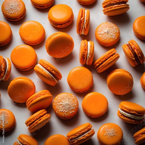 Orange Macaron Pattern Background: A repeating pattern of vibrant orange macarons with white filling and coconut flakes on a light background photo